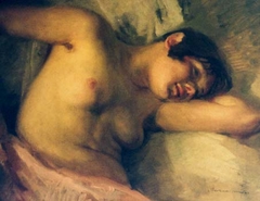 half nude in pink drapery by Bolesław Barbacki