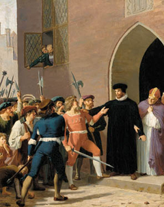 Hans Tausen protects bishop Rønnow from Copenhagen’s agitated citizens by Adam August Müller