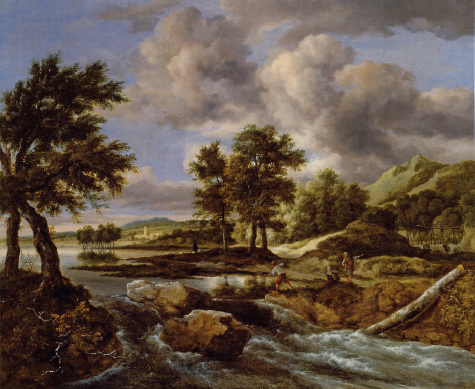 Hilly Landscape with a Fisherman at a Waterfall