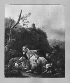 Hirt mit Schafen, Ziegen und Hund in bergiger Landschaft by Johann Heinrich Roos