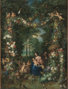 Holy family with a garland of flowers and fruits by Jan Brueghel the Elder