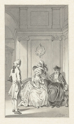 Interieur met geestelijke, dame en jongeman by Jacobus Buys
