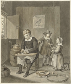 Interieur met man die vissen schoon maakt en twee kinderen by Abraham Delfos