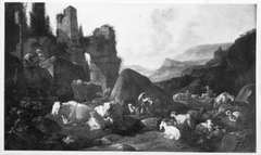 Italienische Ruinenlandschaft mit Hirten und ruhender Viehherde by Johann Heinrich Roos