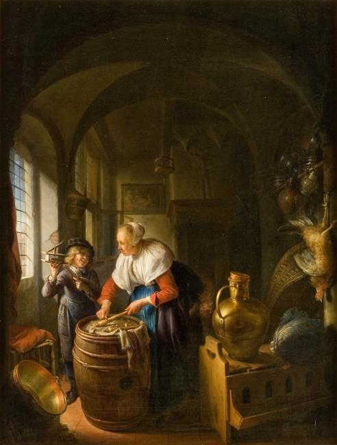 Kitchen scene with a woman and a boy with a mousetrap