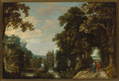 Landscape with an alley and castle on the water by Jacques van der Wijen