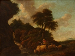 Landscape with Waterfall, Peasants and Animals