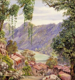 Looking down the Bazaar and Lake of Nynee Tal, Kumaon, North West India by Marianne North