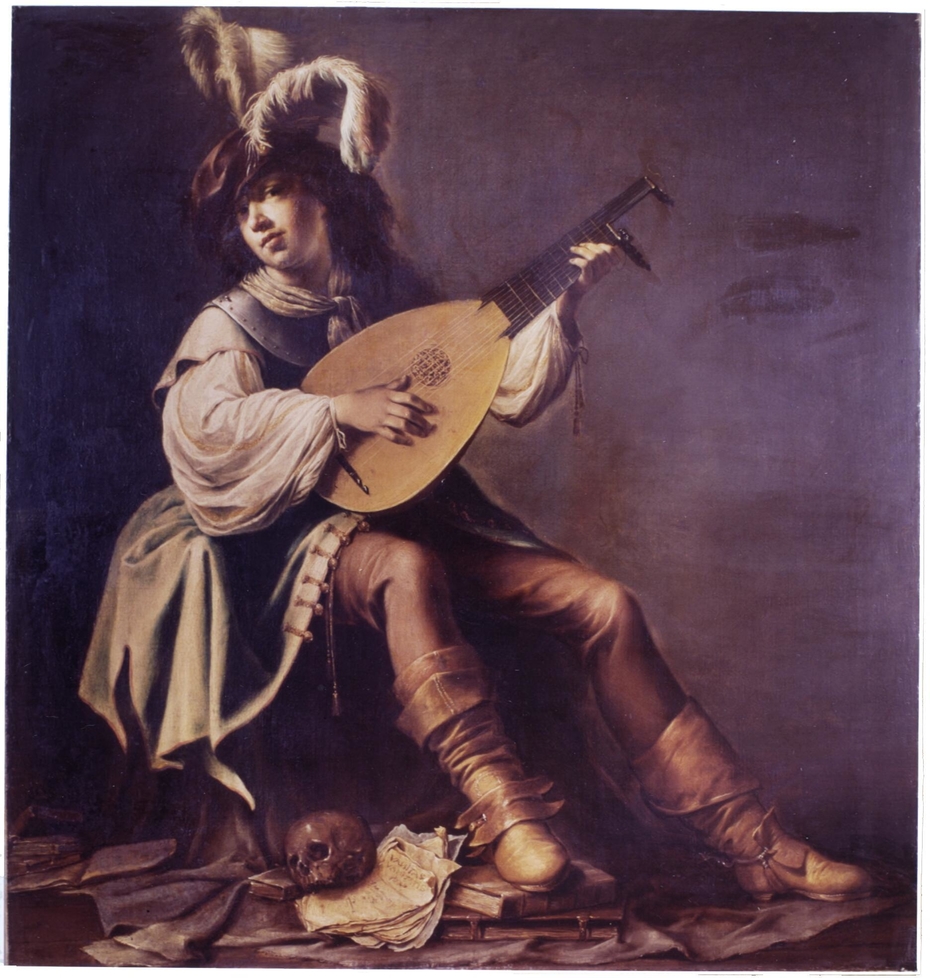 Lute player with skull and books