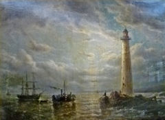 Marine with Boats, Lighthouse and Figures