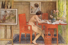 Model writing postcards by Carl Larsson