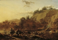 Mountainous landscape with shepherds and cattle at a wading place