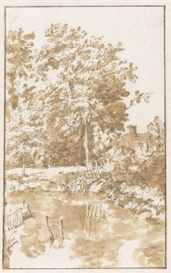 Oever van een water, met bomen en een huis by Jan de Bisschop