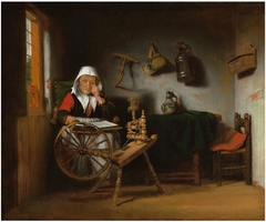 Old woman reading at a spinning wheel, 1658
