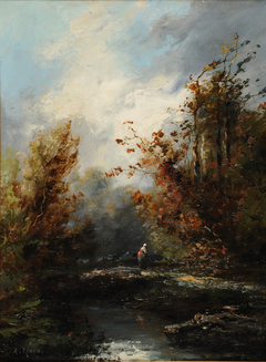 Paysage avec cours d'eau et paysanne by Auguste Rigon