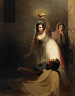 Prison Scene from J. Fenimore Cooper’s “The Pilot”: “Cecelia Howard and Katherine Plowden arousing the prisoner Edward Griffith from his slumber.” by Thomas Sully