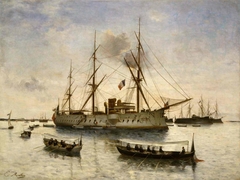 Retour des cendres de l'amiral Courbet aux Salins d'Hyères en 1885 sur le Bayard by Émile Mathon