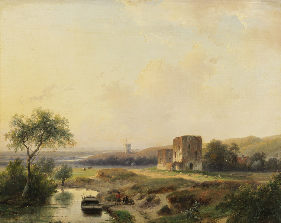 River landscape near Haarlem with windmill and the ruins of Brederode