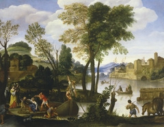 River landscape with Boatmen and Fisherman, an elegant couple walking by the shore