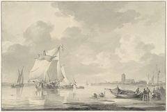Riviergezicht met enkele schepen, op de achtergrond in het verschiet een stad