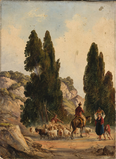 Shepherd with a flock in the mountains by Anonymous