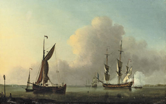 Ships in a calm sea off the coast with a man o' war firing the morning gun