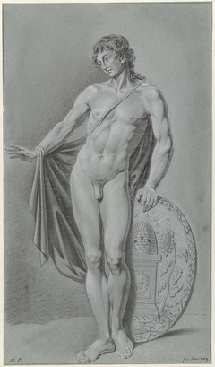 Staand mannelijk naakt met mantel en schild by Cornelis van Heurn