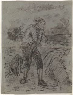 Staande boer en zijn hond op de akker by Thomas Simon Cool