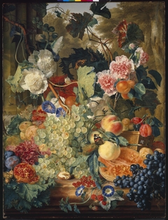 Still life of flowers and fruit on a marble slab by Jan van Huysum