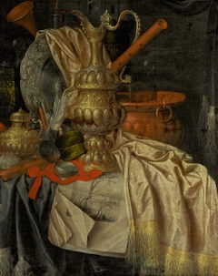 Still Life of Precious Vessels and Writing Materials on a Silk Tablecloth by Franciscus Gijsbrechts