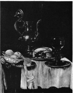 Still life with a silver decanter on a table laid with ham