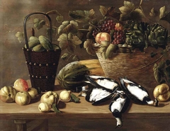 Still life with apples, pears, melon, bucket, poultry, and a basket