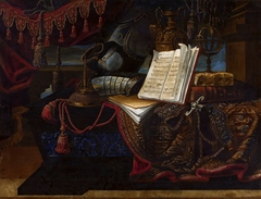 Still life with armor and books.