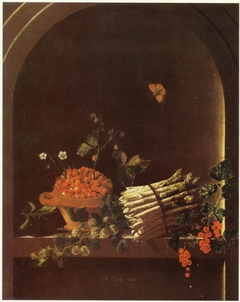 Still life with asparagus, a spray of gooseberries, a bowl of strawberries and other fruit in a niche