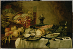 Still life with berkemeyers, salmon, fruit and oysters on a laid table by Pieter Claesz