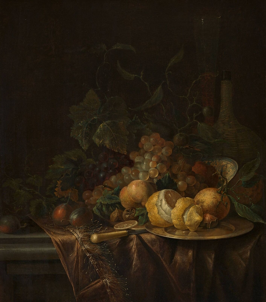 Still life with fruit, flute and a carboy