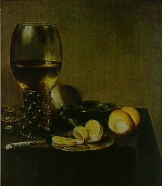 Still life with roemer, lemon and oysters