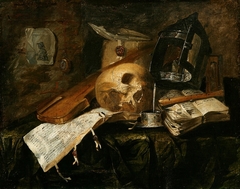 Still life with skull and violin by NL Peschier