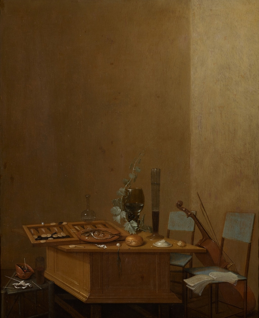 Still life with tric-trac game on a wooden table, chairs and a cello to the right