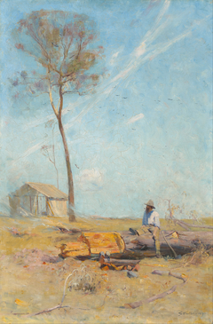 The selector's hut (Whelan on the log) by Arthur Streeton