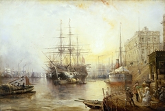 The training ship 'Fisgard' (?) off the Royal Naval College, Greenwich, in 1877 by Claude Thomas Stanfield Moore