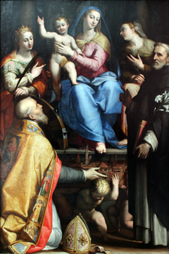 Thronende Maria mit dem segnenden Kind und den heiligen Petronius, Katharina von Alexandrien, Dominikus und Apollonia by Lorenzo Sabbatini