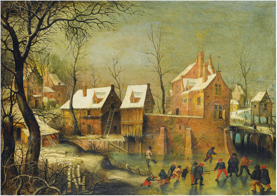 Townscape with skaters on a frozen river
