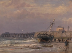 View of a jetty with a fishing boat by Hermanus Koekkoek