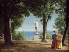 View of Kullen across the Lake from a Garden Terrace with Statues (Marienlyst) by Peter Christian Skovgaard