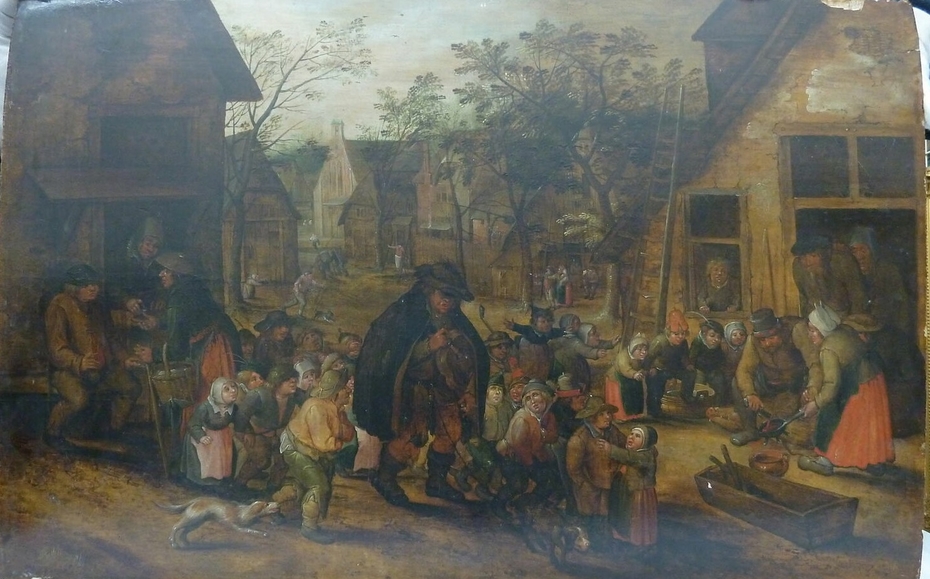 Village street with blind hurdy-gurdy player
