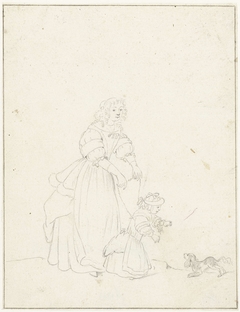 Vrouw lopend met een kind aan teugels en een hond by Gesina ter Borch