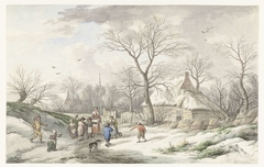 Vrouw met een groep kinderen buiten een dorp by Jan van der Meer II