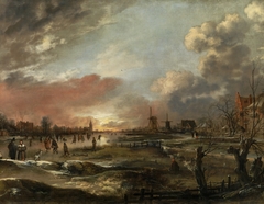 Winter Landscape with Skaters at Sunset by Aert van der Neer