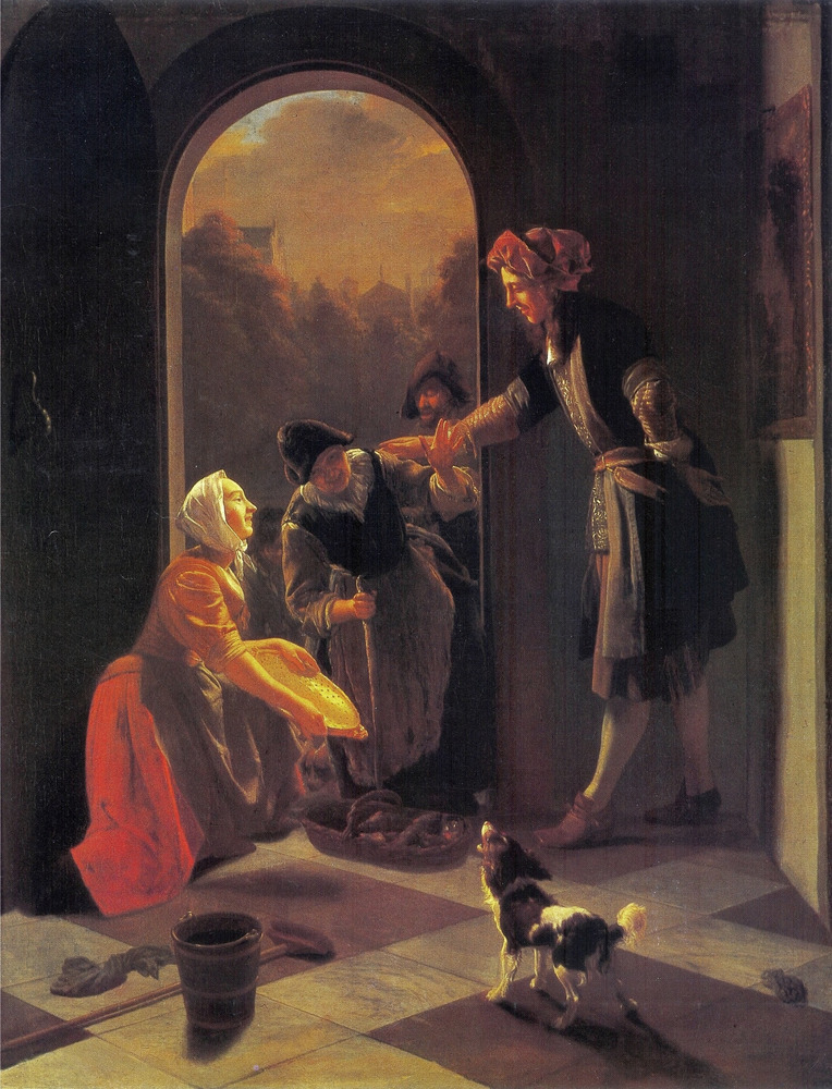 Woman selling fish at the door of a house